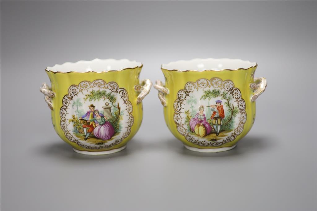 A pair of Dresden cache pots and a Danish porcelain coffee set, tallest 9.5cm